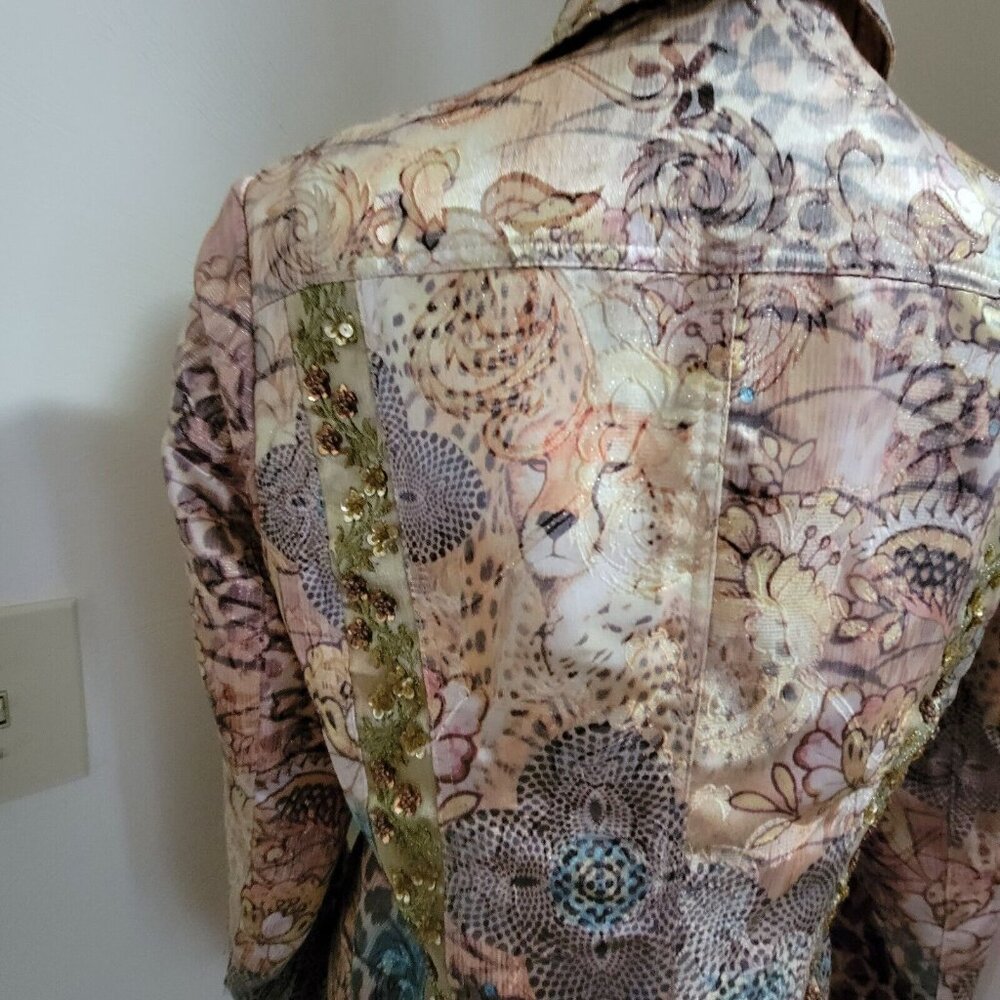 Boho Chic Size 8 Jacket Tan Brown Silk Sequin Jacket Lined Cheetah - Picture 7 of 12